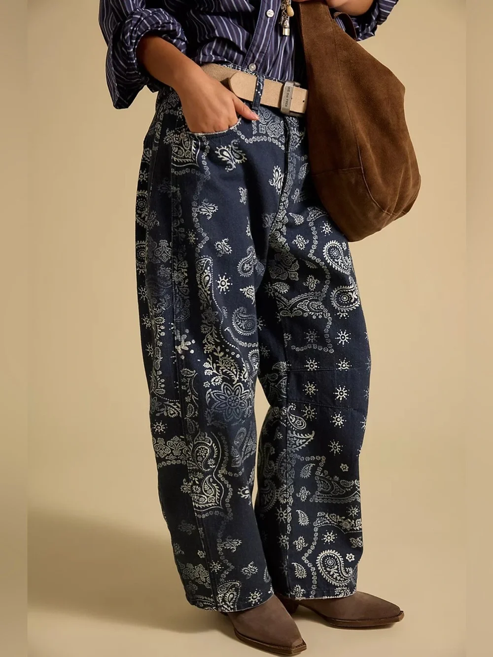 Free People We The Free Good Luck Printed Barrel Jeans Size 30
